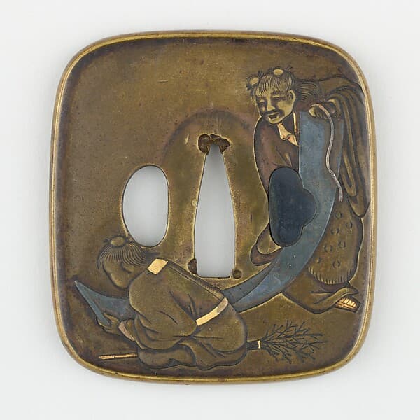 Sword Guard (Tsuba) Depicting Hanshan and Shide (寒山拾得図鐔), by Yoshiteru