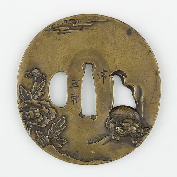 Sword Guard (Tsuba) With Shishi Lion and Peonies Motif (獅子牡丹図鐔)