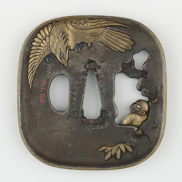 Sword Guard (Tsuba) Depicting Eagle Preying on Monkey (猿捕食猛禽図鐔)