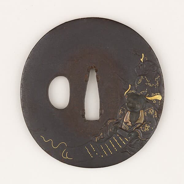 Sword guard (Tsuba) Depicting Hanshan and Shide (寒山拾得図鐔), by Sugiura Joi