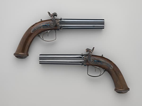 Pair of Four-Barreled Turnover Percussion Pistols of Henry Pelham Fiennes Pelham-Clinton, 4th Duke of Newcastle-under-Lyne (1785–1851), with Pair of Box-Lock Turn-Off Pocket Pistols, Case, and Accessories, by James Purdey the Elder