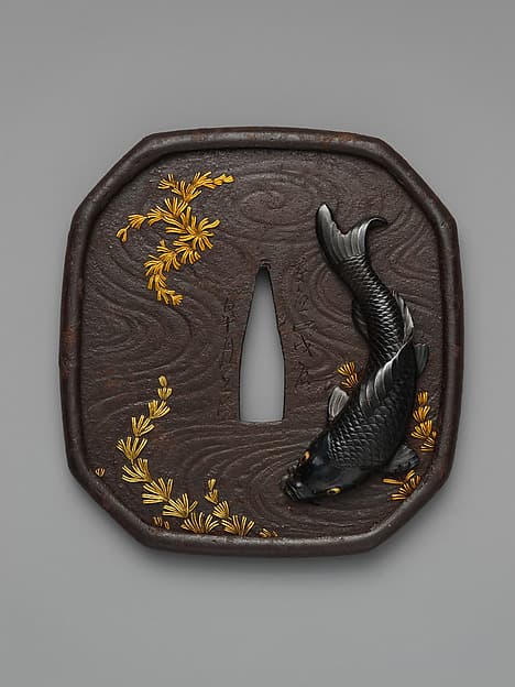 Sword Guard (Tsuba) with the Carp and Seaweed Motif (藻鯉図鐔), by Kansai (寛斎)