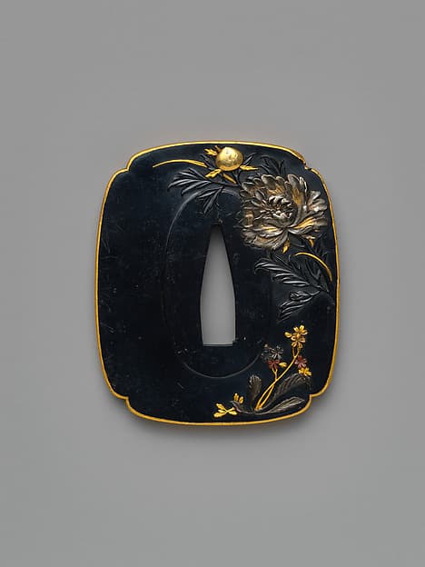 Sword Guard (Tsuba) Depicting Peony and Butterflies (菊に蝶図鐔)