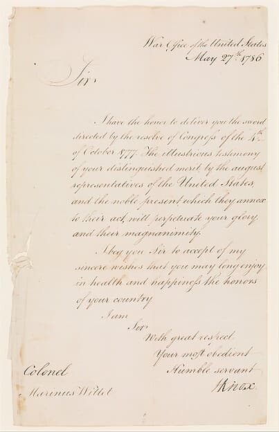 Letter from Henry Knox (1750–1806), Secretary of War, to Colonel Marinus Willett (1740–1830), by General Henry Knox