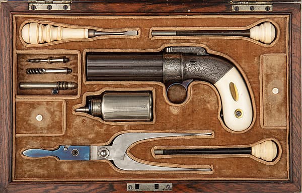 Cased Six-Barreled Revolving Percussion Pistol ("Pepperbox"), by Ethan Allen
