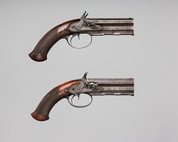 Pair of Over-and-Under Tube-Lock Percussion Pistols with Case and Accessories, by Durs Egg