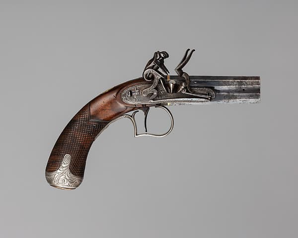 Over-and-Under Flintlock Pocket Pistol of the Hughes of Gwerclas Family with Case and Accessories, by Joseph Egg