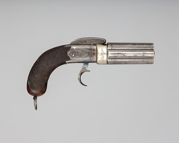 Six-Barreled Pepperbox Disk Primer Pistol with Case and Accessories, by Joseph Rock Cooper