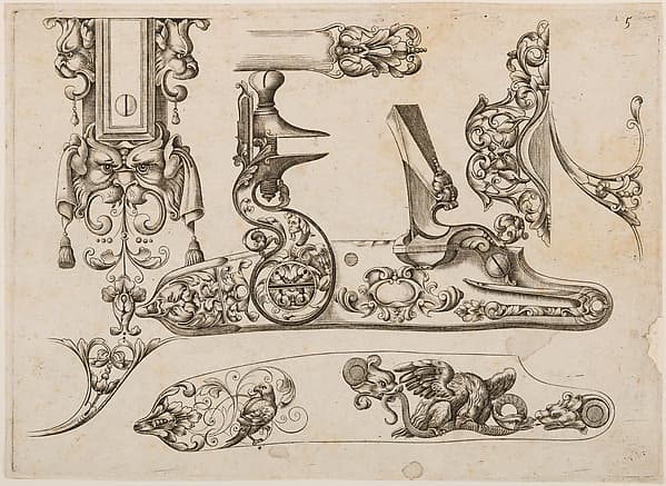 Plate Five from Plusieurs Models des plus nouuelles manieres qui sont en usage en l'Art de Arquebuzerie, by C. Jacquinet