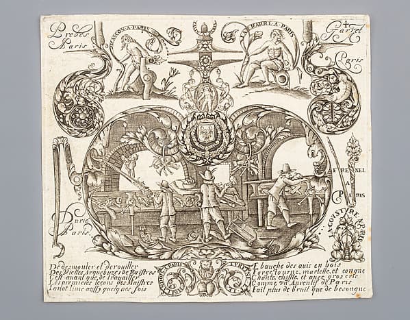 Engraving Depicting the Interior of a Gunmaker’s Workshop, from the Pattern Book Plusieurs Models des plus nouuelles manières qui sont en usage en l'Art d'Arquebuzerie auec les Ornements les plus Conuenables: le tout tiré des Ouurages de Thuraine et le Hollandois Arquebuziers Ordinaires de Sa Maiesté et graué by Thuraine (French, Paris, active mid-17th century) and Adrien Reynier, called Le Hollandois (French, born ca. 1630), by C. Jacquinet