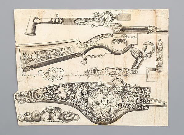 Engraving of Firearms Ornament from the Pattern Book Plusieurs pieces de l'arquebuzerie / recueillies et inventeés par Francois Marcou, by C. Jacquinet