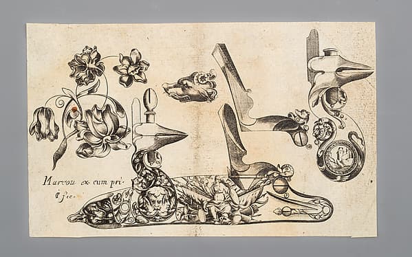Engraving of Firearms Ornament from the Pattern Book Plusieurs pieces de l'arquebuzerie / recueillies et inventeés par Francois Marcou, by C. Jacquinet
