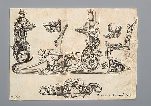 Engraving of Firearms Ornament from the Pattern Book Plusieurs pieces de l'arquebuzerie / recueillies et inventeés par Francois Marcou, by C. Jacquinet