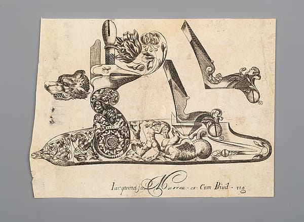 Engraving of Firearms Ornament from the Pattern Book Plusieurs pieces de l'arquebuzerie / recueillies et inventeés par Francois Marcou, by C. Jacquinet