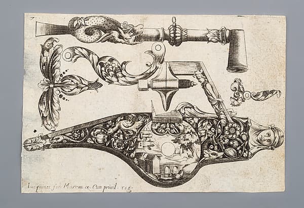 Engraving of Firearms Ornament from the Pattern Book Plusieurs pieces de l'arquebuzerie / recueillies et inventeés par Francois Marcou, by C. Jacquinet