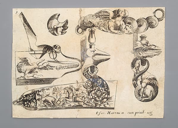 Engraving of Firearms Ornament from the Pattern Book Plusieurs pieces de l'arquebuzerie / recueillies et inventeés par Francois Marcou, by C. Jacquinet
