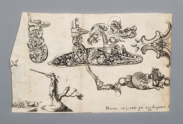 Engraving of Firearms Ornament from the Pattern Book Plusieurs pieces de l'arquebuzerie / recueillies et inventeés par Francois Marcou, by C. Jacquinet