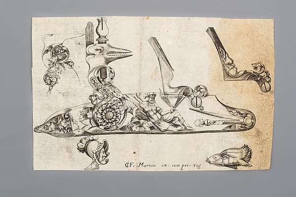 Engraving of Firearms Ornament from the Pattern Book Plusieurs pieces de l'arquebuzerie / recueillies et inventeés par Francois Marcou, by C. Jacquinet