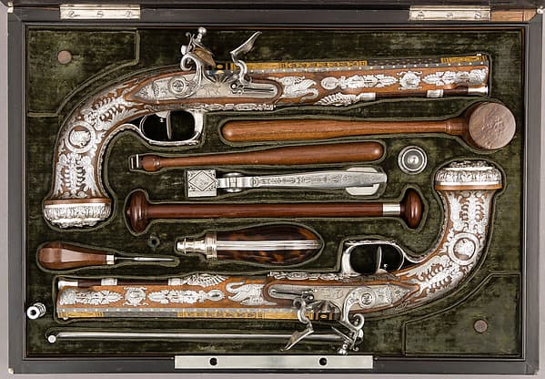 Cased Pair of Flintlock Pistols with Accessories, by François Pirmet