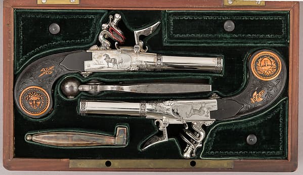 Cased Pair of Double-Barreled Turn-Off Flintlock Pistols, by Jean Lepage