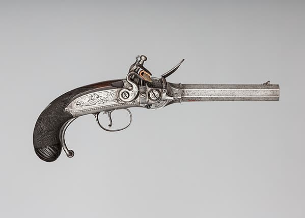 Flintlock Repeating Pistol with Lorenzoni Action, Bearing the Crests of Vice Admiral Horatio Nelson (1758–1805), with Case and Accessories, by Harvey Walklate Mortimer