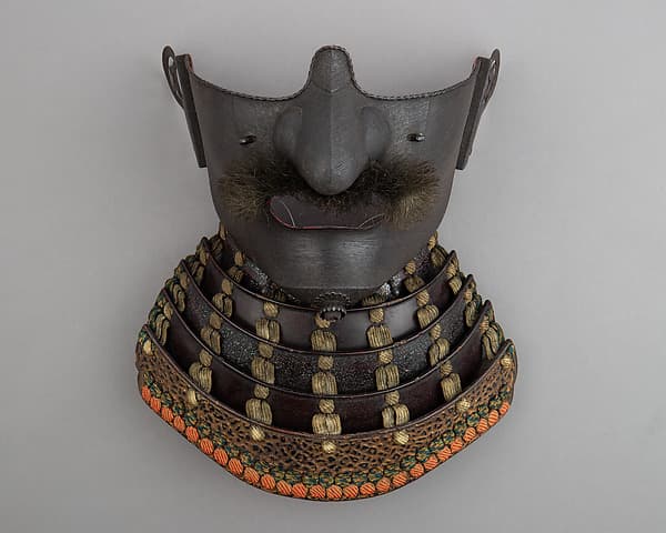 Half Mask (Menpō) with Gorget Depicting Bonji Character Representing Marishiten