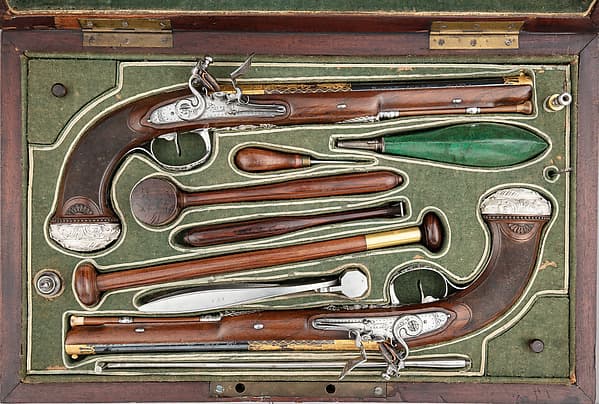 Cased Pair of Flintlock Pistols Presented to Captain Cayetano Valdés y Flores, by Nicolas Noël Boutet