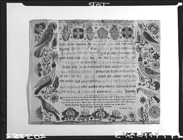 Birth and baptismal certificate, by Johann Heinrich Otto