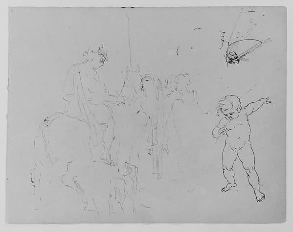 Horseman Addressing Two Women; Palette, Brushes in Artist's Hands, Picture and Easel Beyond; Putto Blowing Clarion (from Sketchbook), by Thomas Sully
