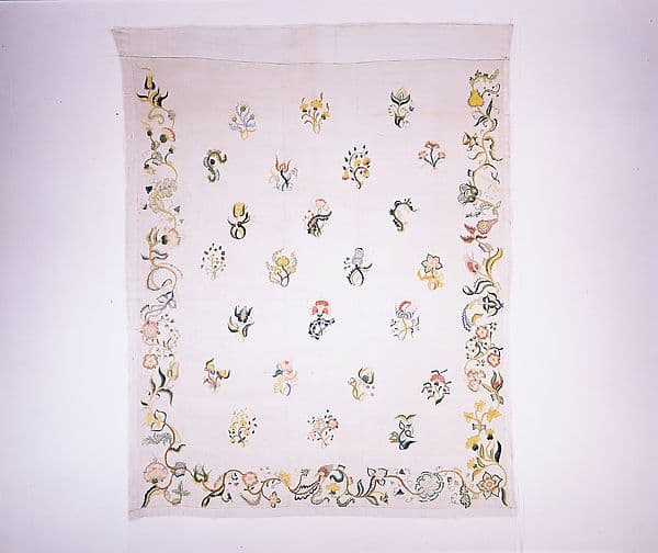 Enbroidered bed curtain, by Sarah Noyes Chester