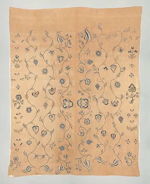 Bedcover with appliqued crewel embroidery motifs, by Cabot family