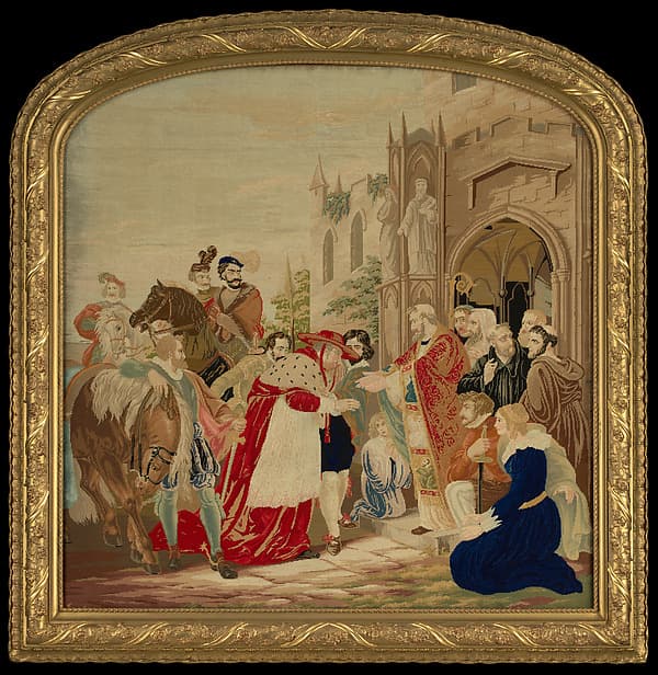 Needlework picture of scene from Shakespeare’s "Henry VIII", by Agnes (Pruyn) Strain