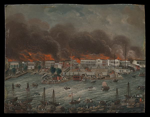 Burning of the "Factories" in Canton, by Chinese Painter