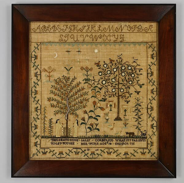 Embroidered sampler, by Sally Cornelius