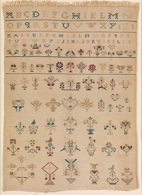 Amish sampler with lettering and motifs, by Barbara Beiler