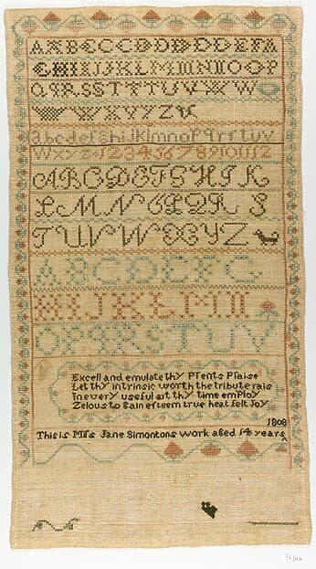 Embroidered sampler, by Jane Simonton Chapman