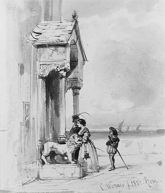 Couple Entering Building, with Attendant (from Cropsey Album), by Carl Friedrich Heinrich Werner