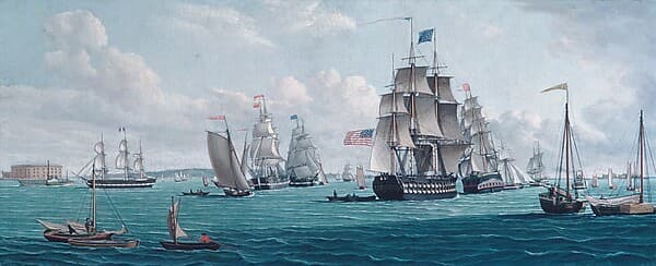 The U. S. Ship Franklin, with a View of the Bay of New York, by Thomas Thompson