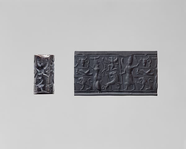 Cylinder seal and modern impression: hunter spearing a lion before deity with staff