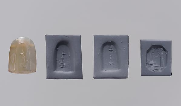 Stamp seal (octagonal pyramid) with cultic scene and divine symbols