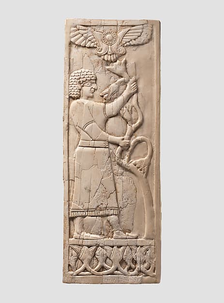 Panel with a youth grasping a tree; winged sun disc above