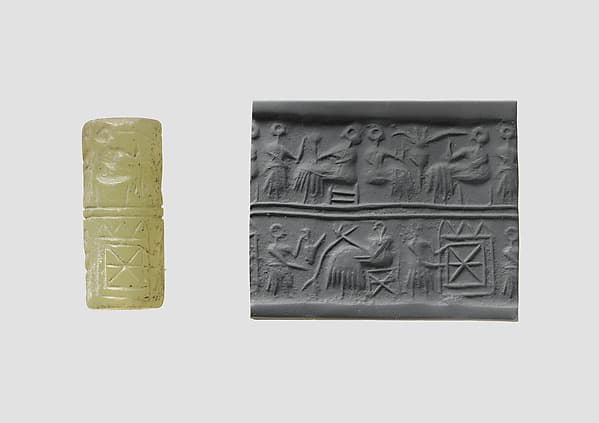 Cylinder seal and modern impression: banquet scene with seated figures drinking a liquid through straws
