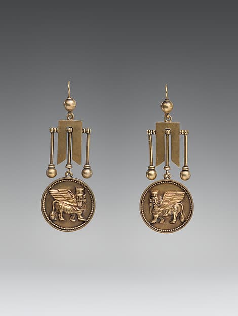 Earrings with Assyrian human-headed winged bulls