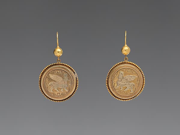 Earrings with Assyrian human-headed winged bulls