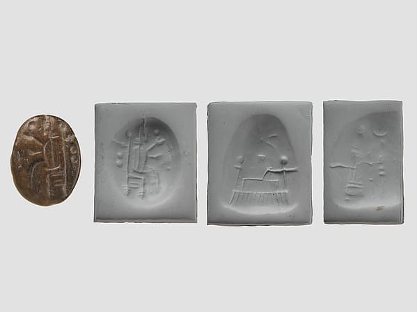 Stamp seal (oval conoid) with cultic scene, deity, and divine symbols