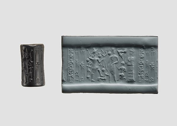 Cylinder seal and modern impression: god with mace and suppliant goddess