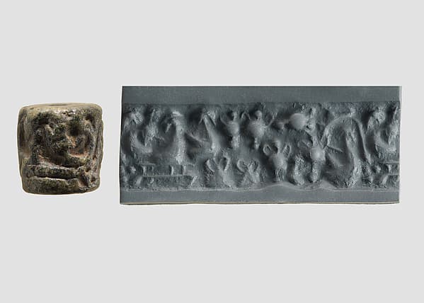 Cylinder seal and modern impression: female figure seated on a platform with "pigtailed ladies" and pots