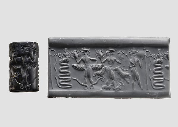 Cylinder seal and modern impression: snake god and deities with hands and feet in the form of snakes, scorpions, and goats