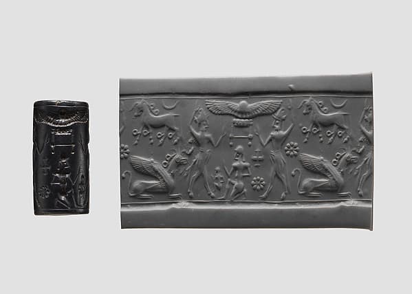 Cylinder seal and modern impression: two bullmen flanking sun-disc; horse, griffin