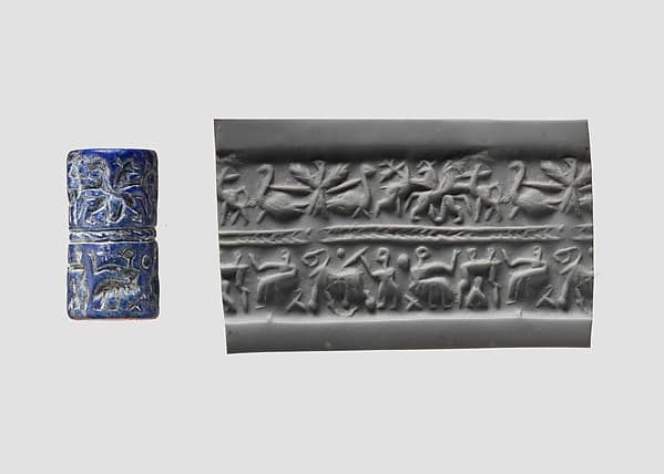 Cylinder seal with animal contest and banquet scene